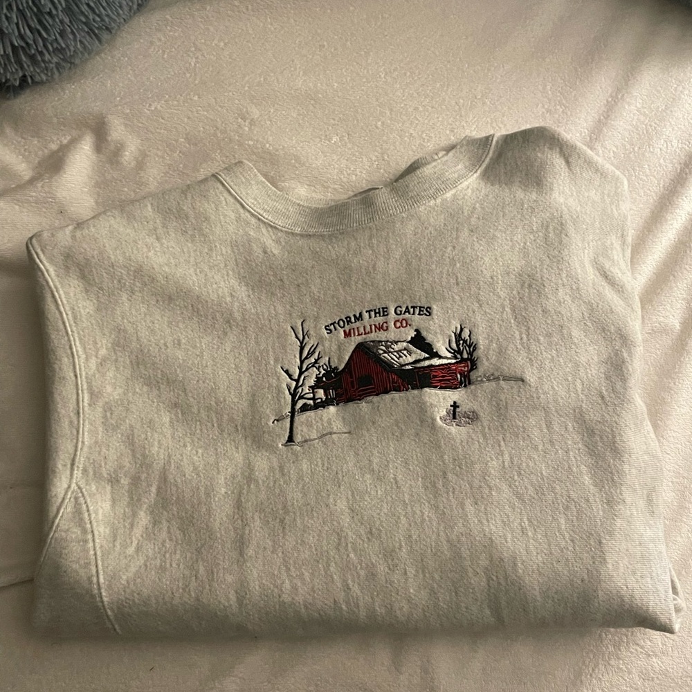 Embroidered Grey Champion Sweatshirt - farm/barn - Storm the Gates - sz M